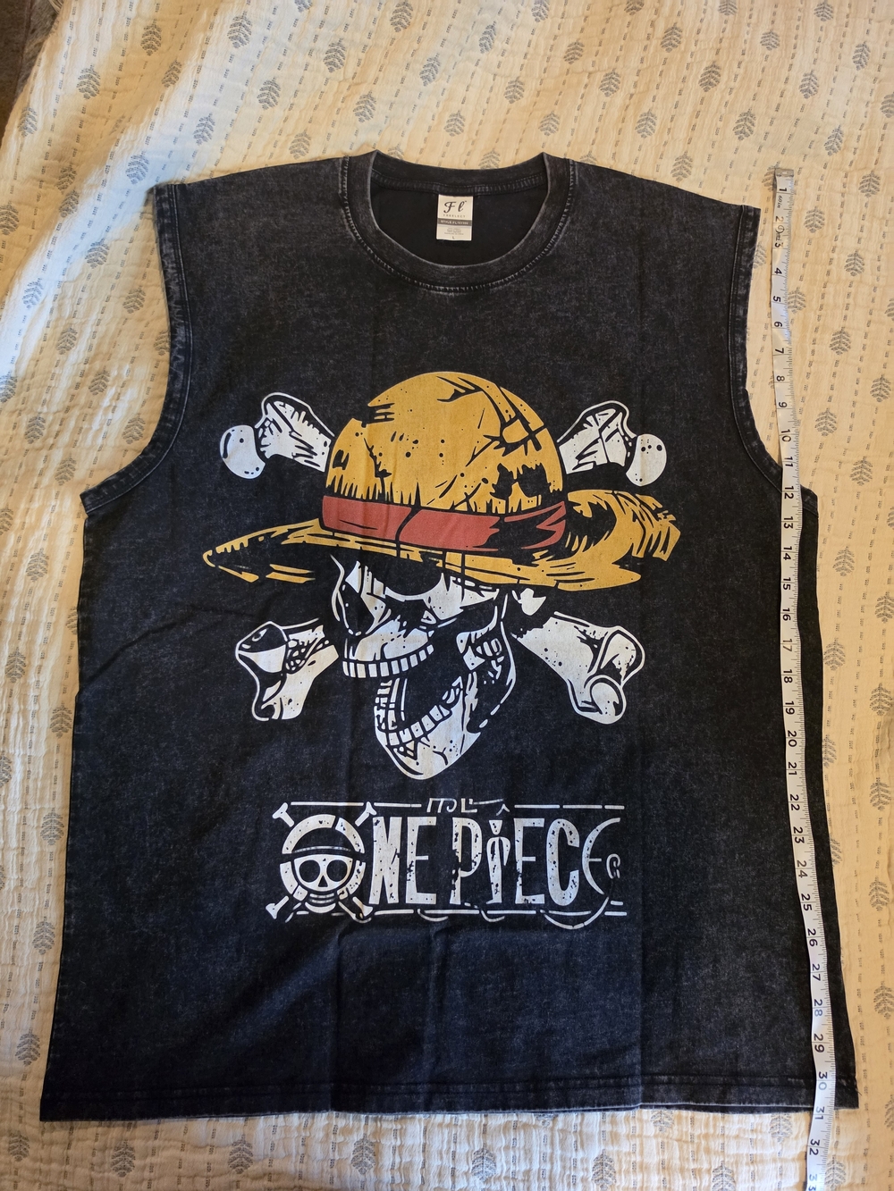 One Piece Graphic Muscle Tank Sleeveless Acid Wash Black Sz L